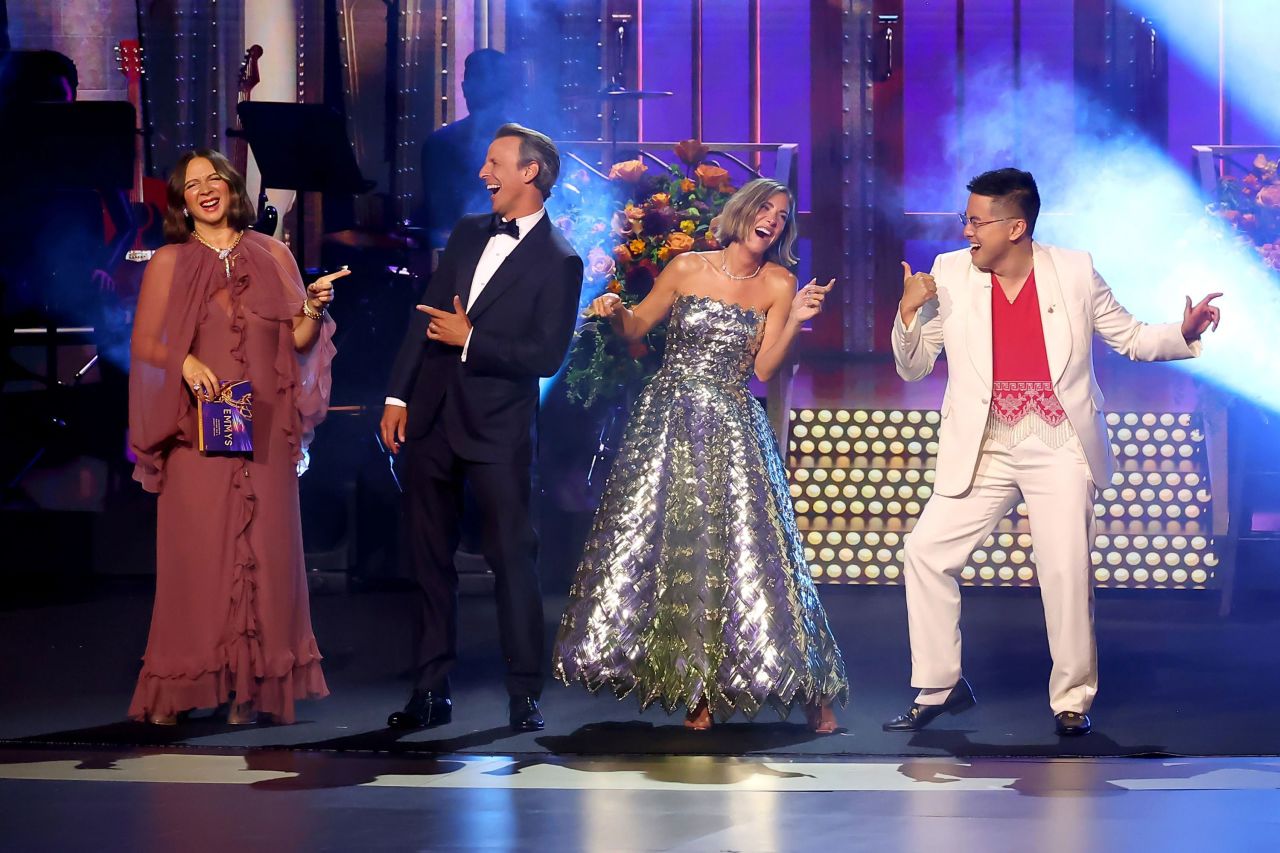 From left, Maya Rudolph, Seth Meyers, Kristen Wiig and Bowen Yang present the Emmy for outstanding writing for a variety special. They took the opportunity?to poke fun at their current and former boss, “Saturday Night Live” creator Lorne Michaels. Wiig joked that Michaels has “lost the Emmy” over 80 times. “You do have value. You are worthy and you are not, and have never been a loser, even though you have lost a lot,” Wiig joked, speaking directly to Michaels in the audience. (He has still won 21 Emmys.)?