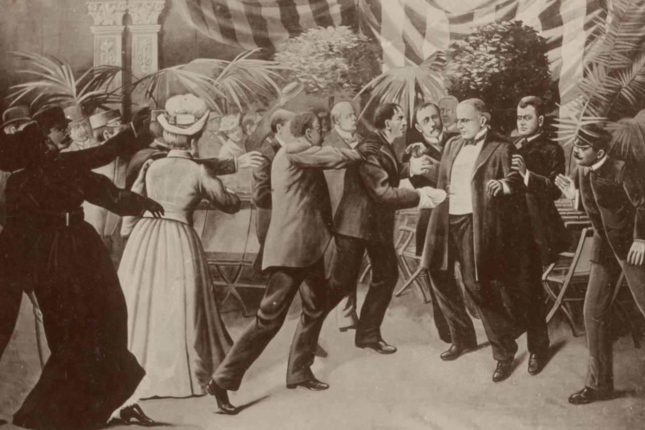 This wash drawing shows Leon Czolgosz shooting President William McKinley with a concealed revolver at a Pan-American Exposition reception on September 6, 1901. 