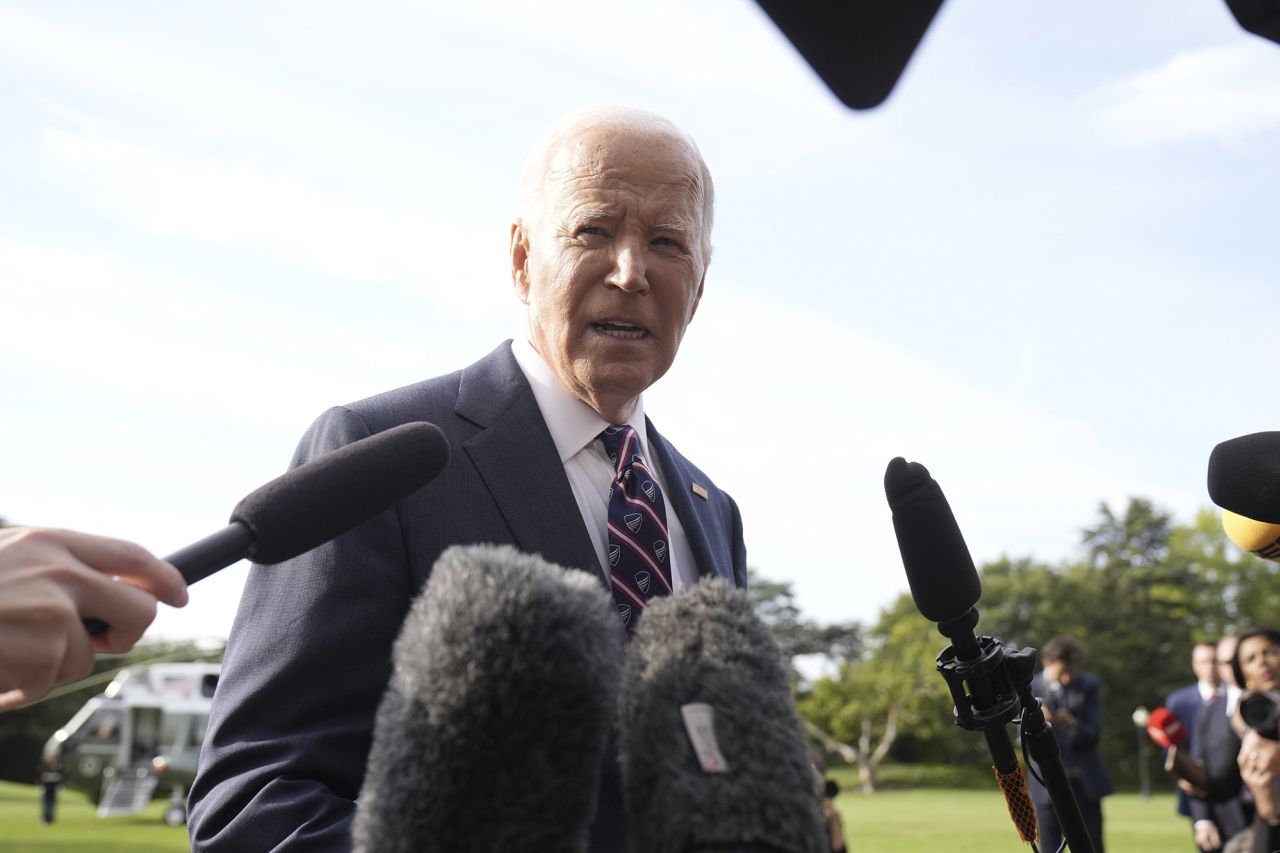 President Joe Biden speaks to the media before boarding Marine One on the South Lawn of the White House in Washington, D.C., on September 16.