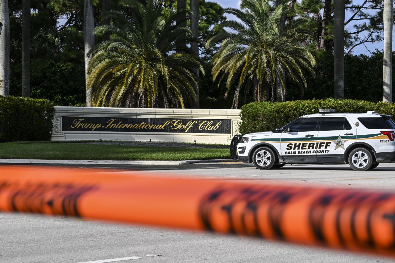 A Sheriff car blocks the street outside the Trump International Golf Club in West Palm Beach, Florida, on September 15.