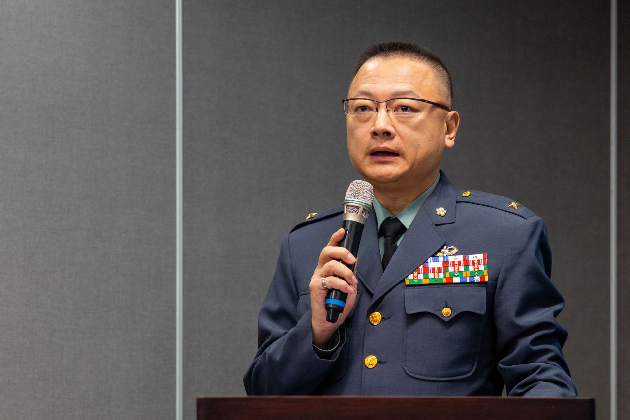 Taiwan's Ministry Spokesman Sun Li-fang speaks during the Taipei Aerospace and Defence Technology Exhibition at the Nangang Exhibition Center in Taipei, on September 13, 2023.