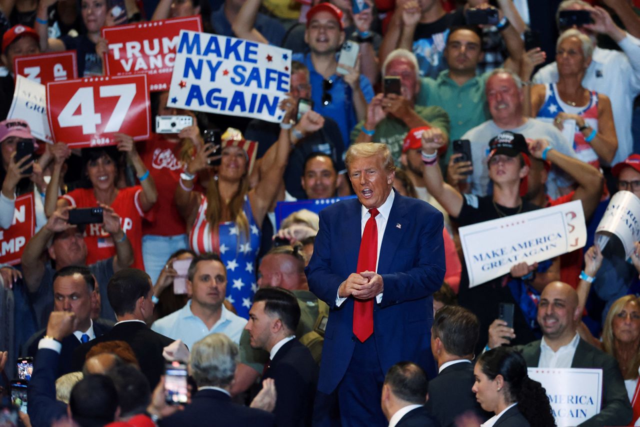 Republican presidential nominee, former President Donald Trump gestures during a rally at Nassau Veterans Memorial Coliseum, in Uniondale, New York, on September 18. 