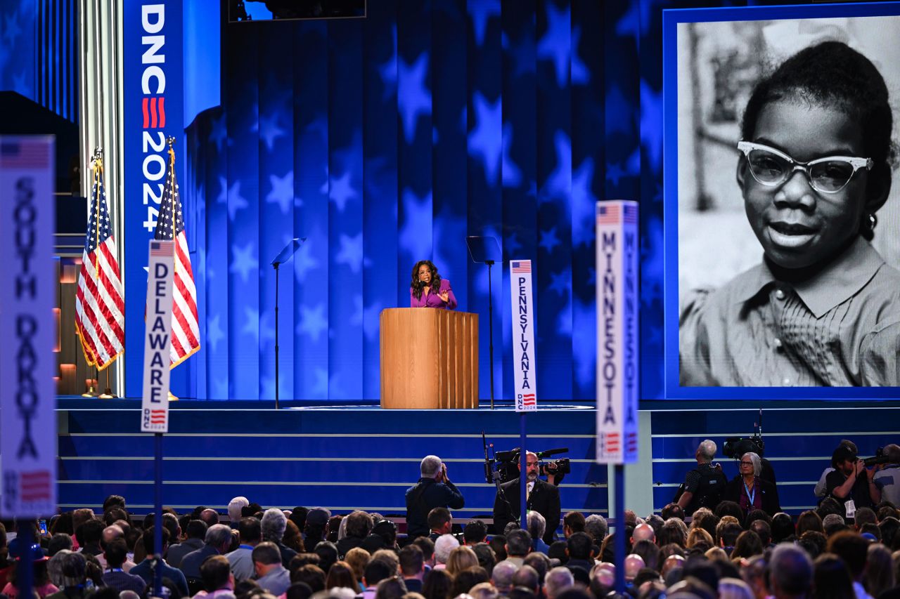 Oprah Winfrey speaks on stage during the third day of the Democratic National Convention at the United Center on August 21 in Chicago.