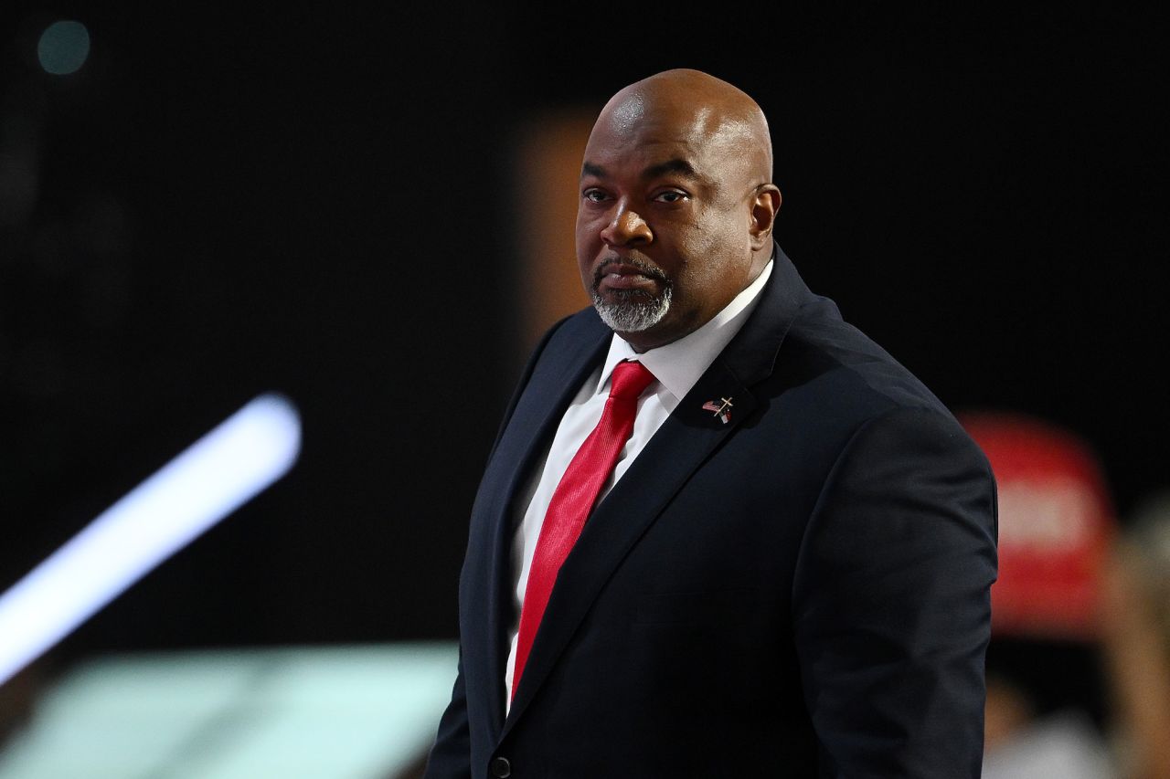 North Carolina Lieutenant Governor Mark Robinson speaks on stage at the Republican National Convention in Milwaukee, Wisconsin, on July 15.