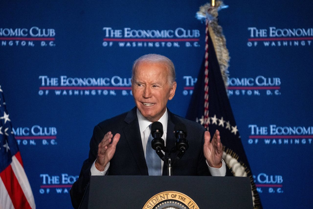 President Joe Biden speaks at the Economic Club of Washington in Washington on Thursday.