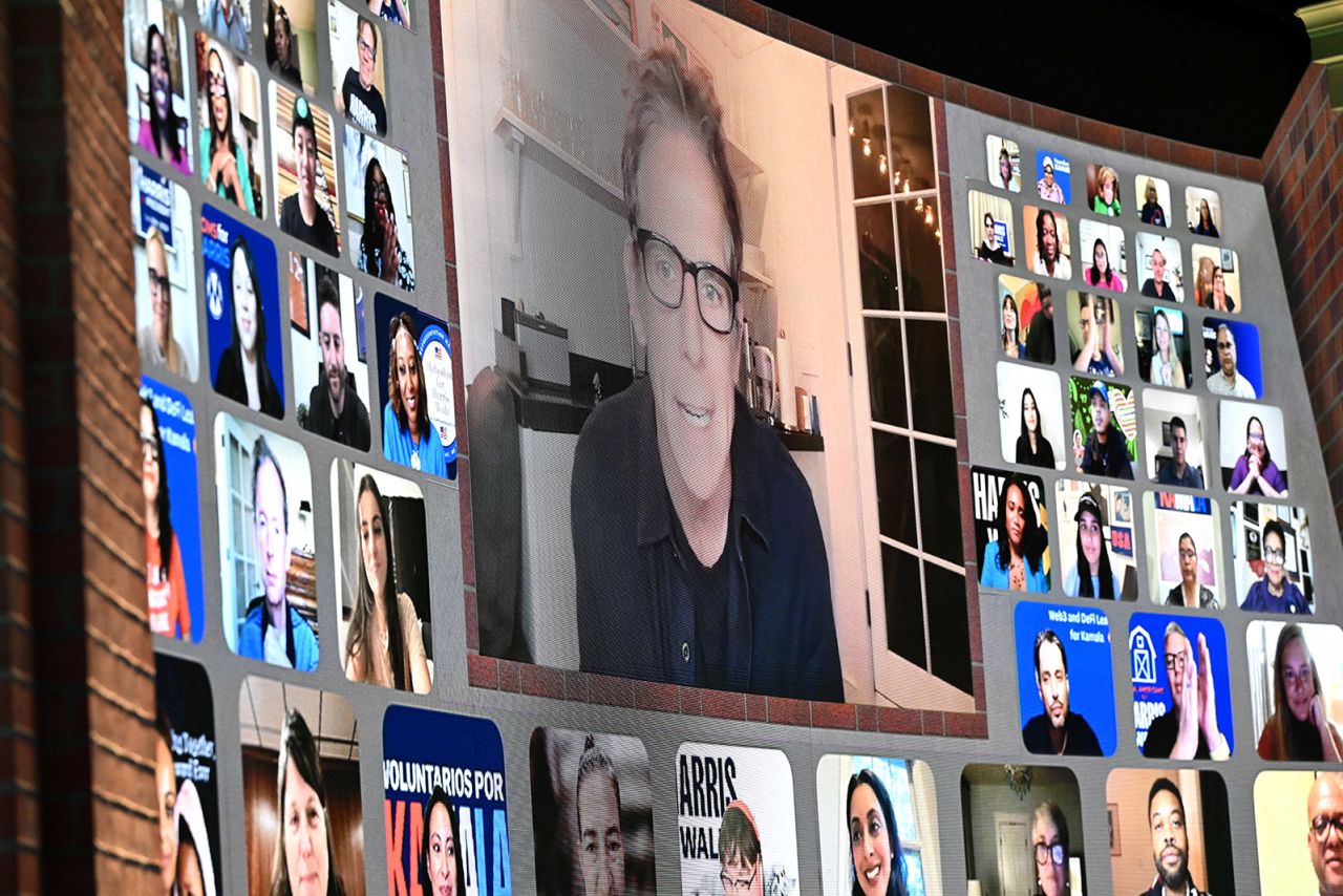 Actor Ben Stiller, center, appears on screen during a 'Unite for America' live streaming rally with Democratic presidential candidate Vice President Kamala Harris and television producer Oprah Winfrey in Farmington Hills, Michigan, on September 19. 