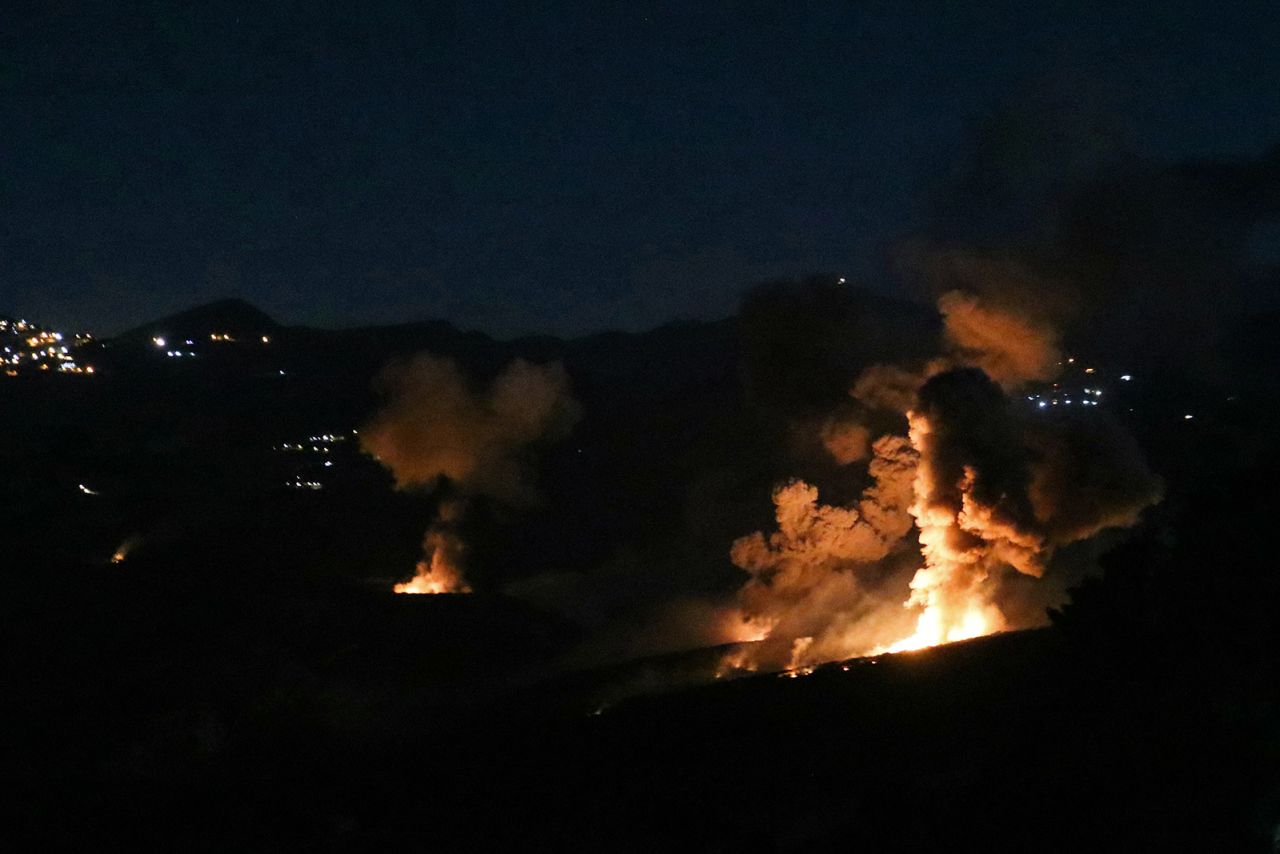 Smoke and fire rise from the site of an Israeli strike on the southern Lebanese border village on September 19. The Israeli military said it had hit Hezbollah rocket launchers. 