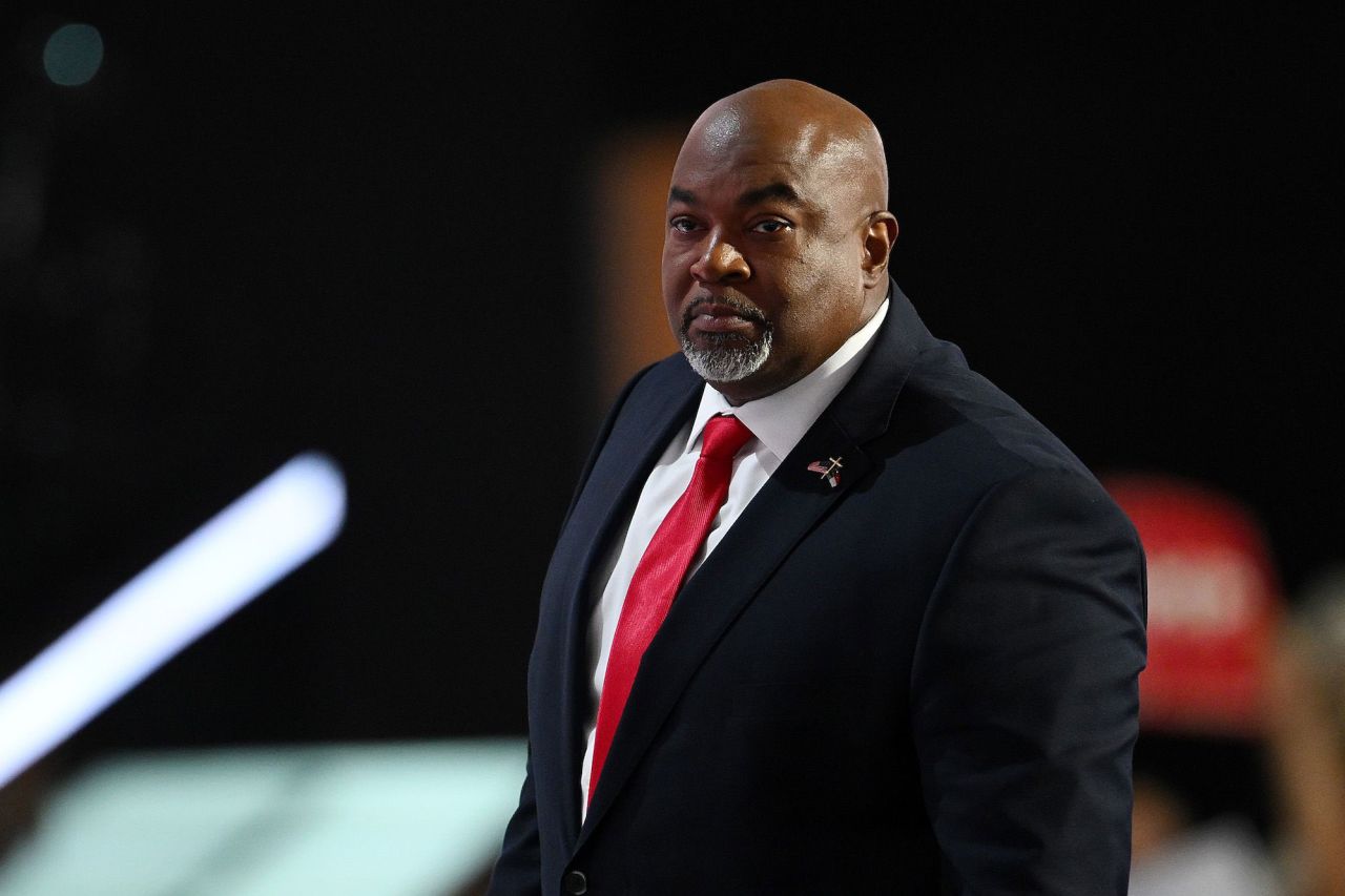 North Carolina Lt. Gov. Mark Robinson speaks on stage at the Republican National Convention in Milwaukee on July 15. 