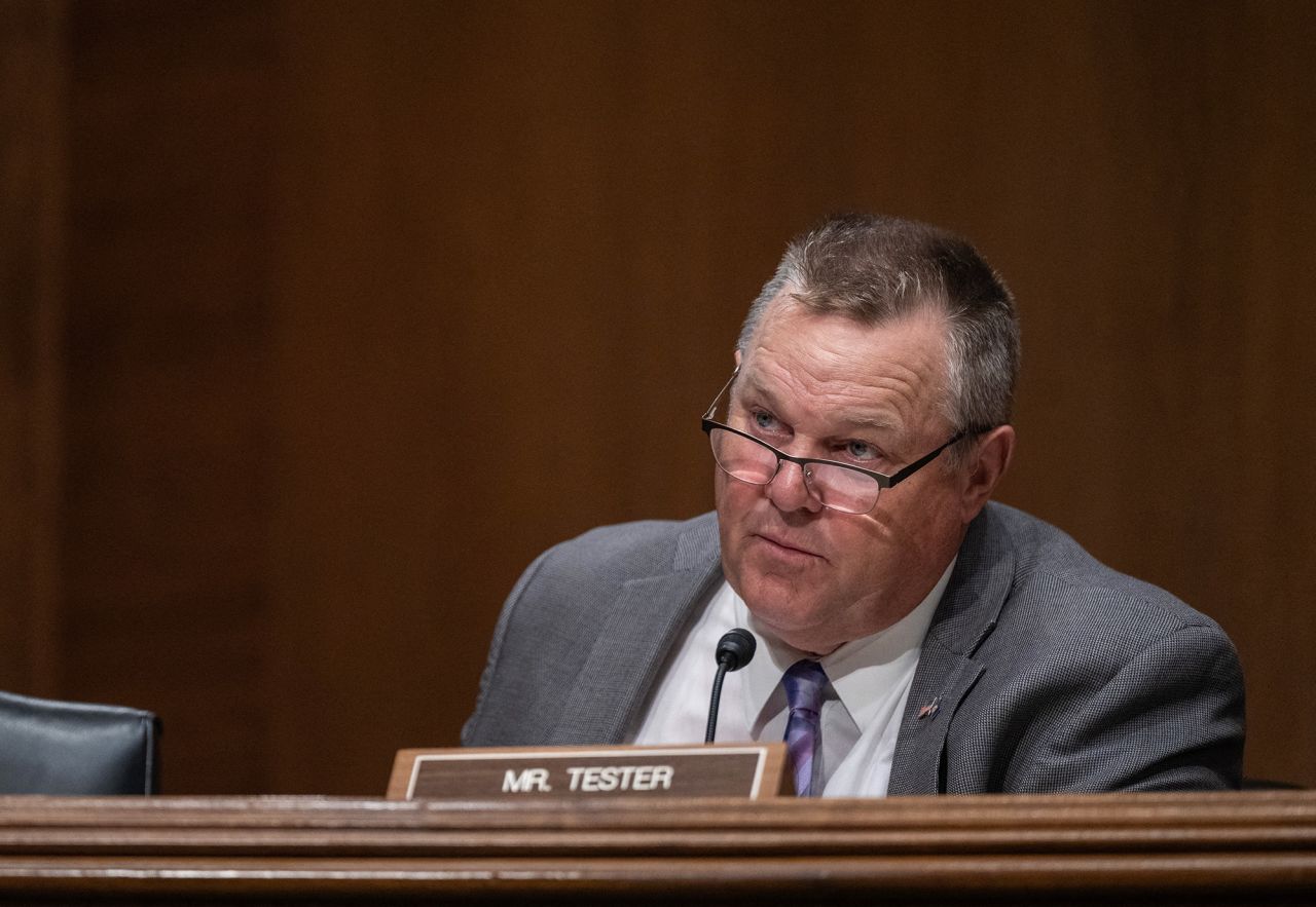 Sen. Jon Tester speaks during a Senate hearing in Washington, DC, in September 2023. 