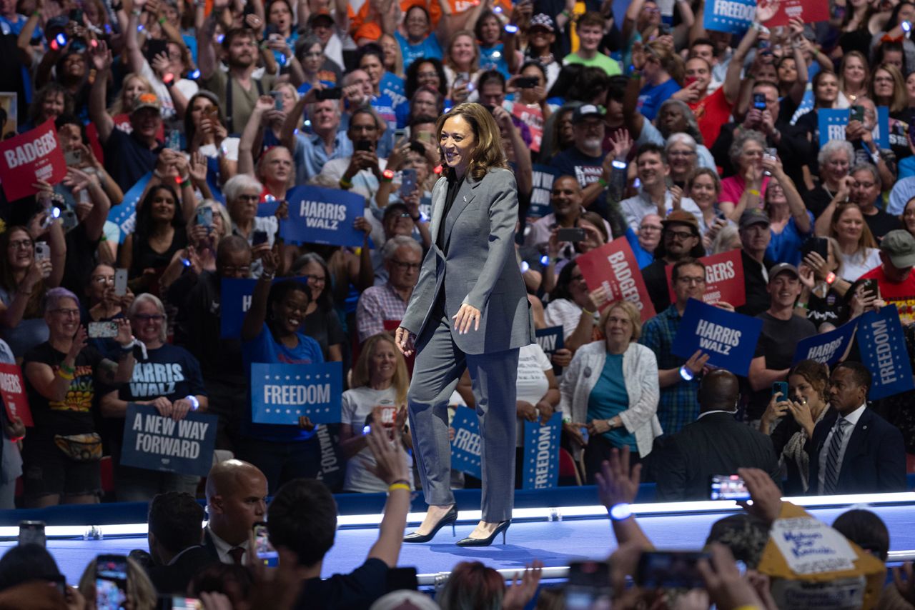 Democratic presidential nominee Vice President Kamala Harris at a campaign rally in Madison, Wisconsin on September 20. 