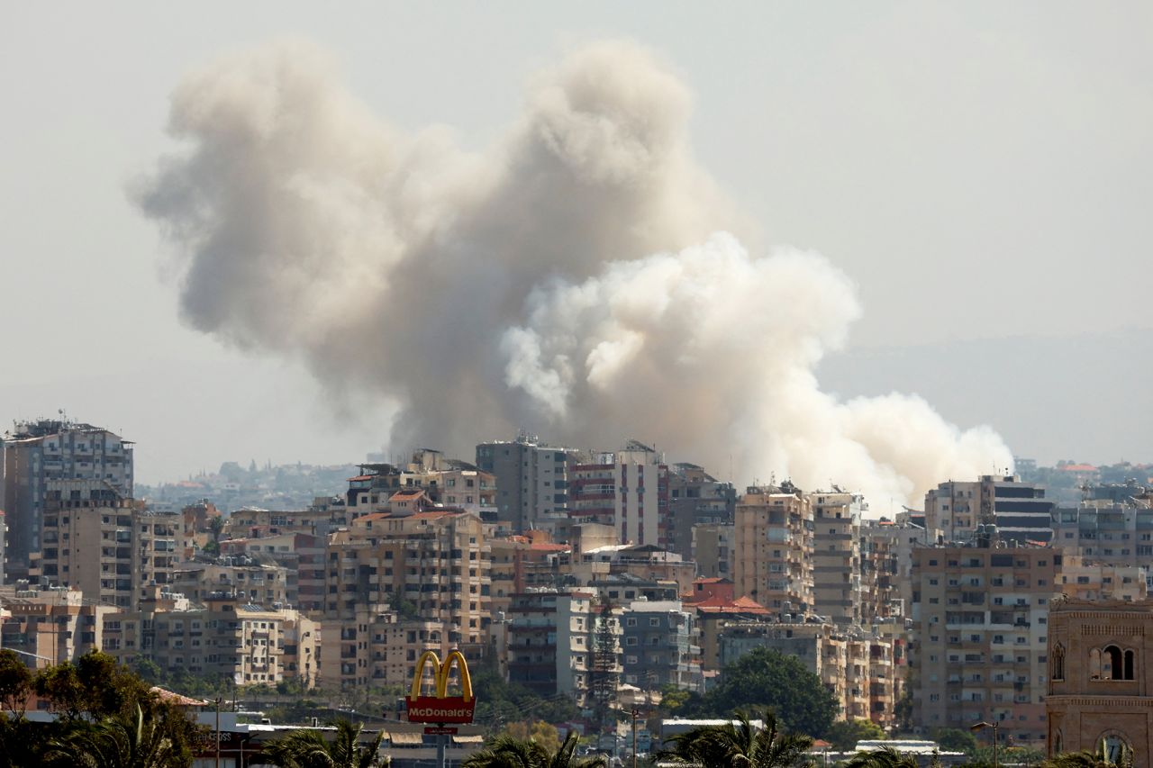 Smoke billows over southern?Lebanon?following Israeli strikes on?September 23.