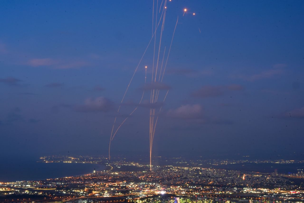 The Israeli Iron Dome air defense system intercepts rockets that were launched from Lebanon as seen from Haifa, Israel, on Monday.