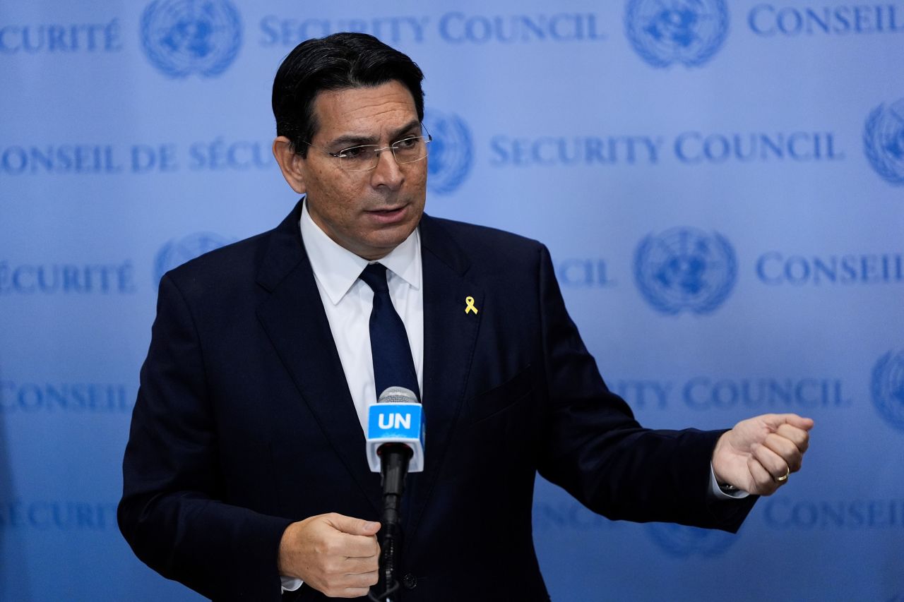 Israel's UN Ambassador Danny Danon speaks at a press conference at the UN headquarters on Tuesday.