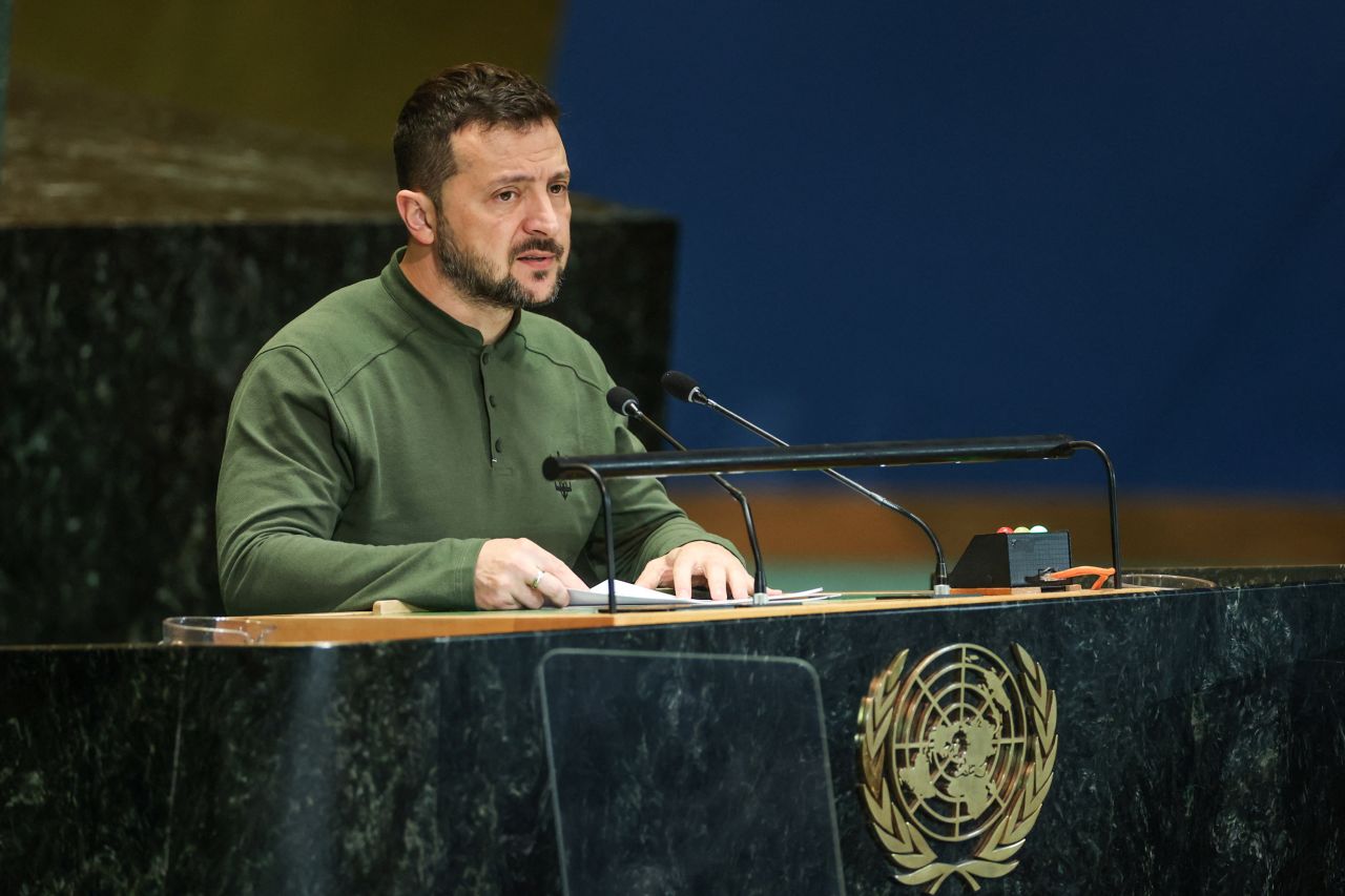 Volodymyr Zelensky addresses the "Summit of the Future" in the General Assembly Hall of the United Nations Headquarters in New York City, on September 23.