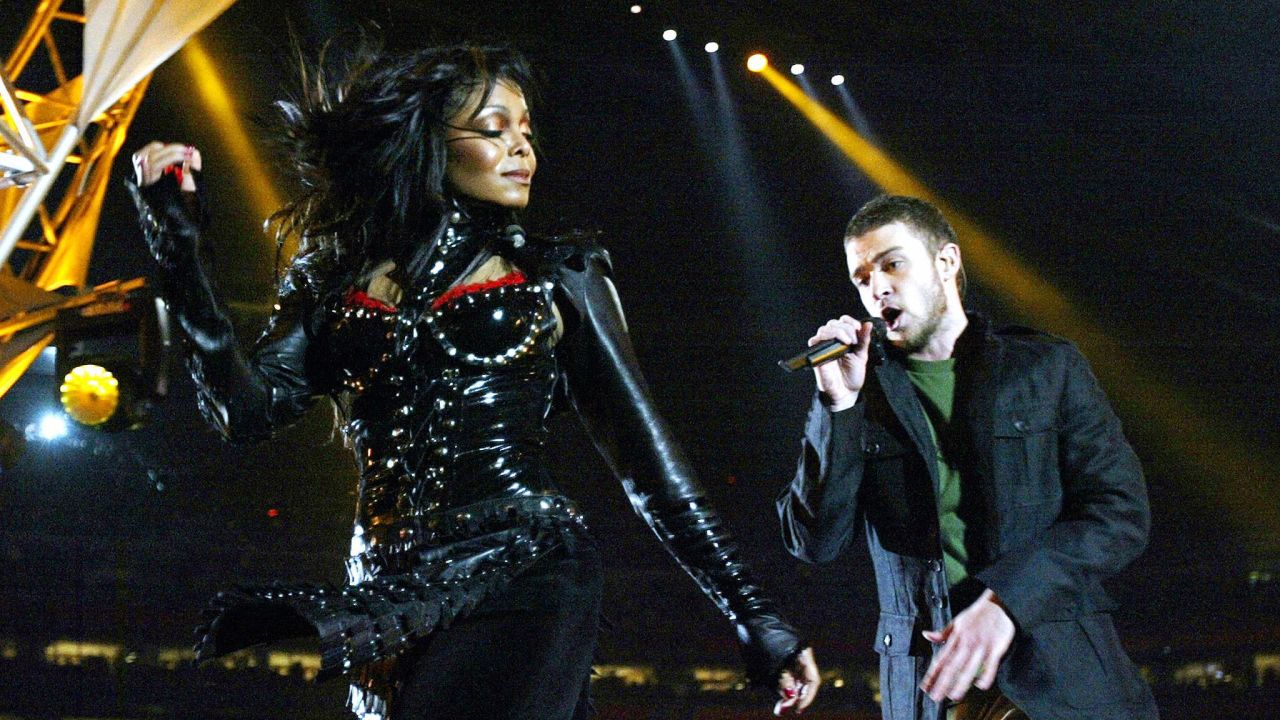 Janet Jackson and Justin Timberlake perform at half-time at Super Bowl XXXVIII in 2004.