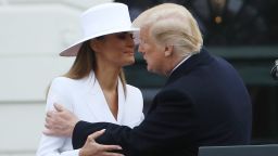 WASHINGTON, DC - APRIL 24:  U.S President Donald Trump, kisses U.S. first lady Melania during an arrivalceremony for French President Emmanuel Macron, French first lady Brigitte Macron, at the White House April 24, 2018 in Washington, DC. Trump is hosting Macron for a two-day official visit that includes dinner at George Washington's Mount Vernon, a tree planting on the White House South Lawn and a joint news conference.  (Photo by Mark Wilson/Getty Images)