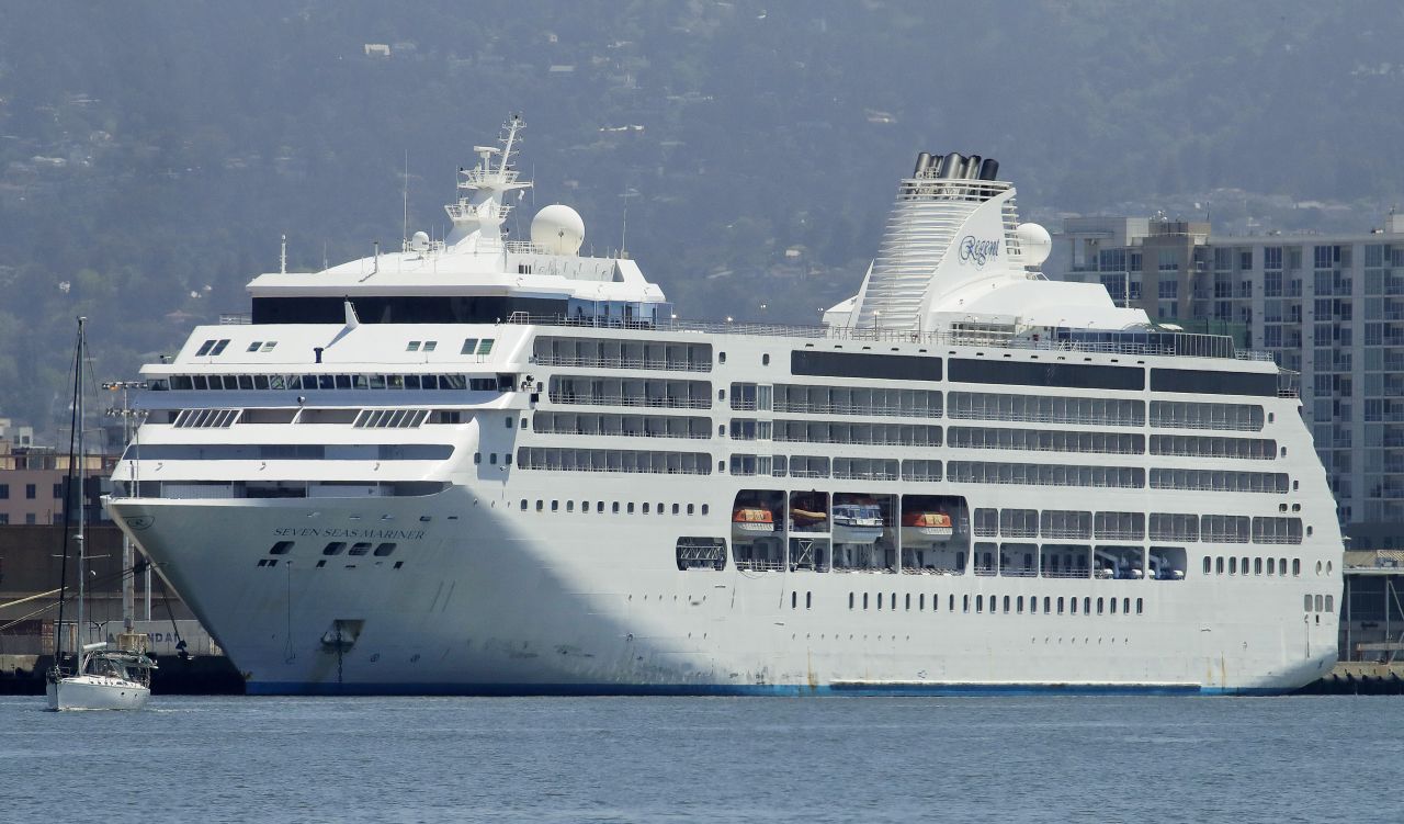 The Regent cruise ship Seven Seas Mariner is seen docked at the Port of Oakland on Thursday, May 21, 2020, in Oakland, California. 