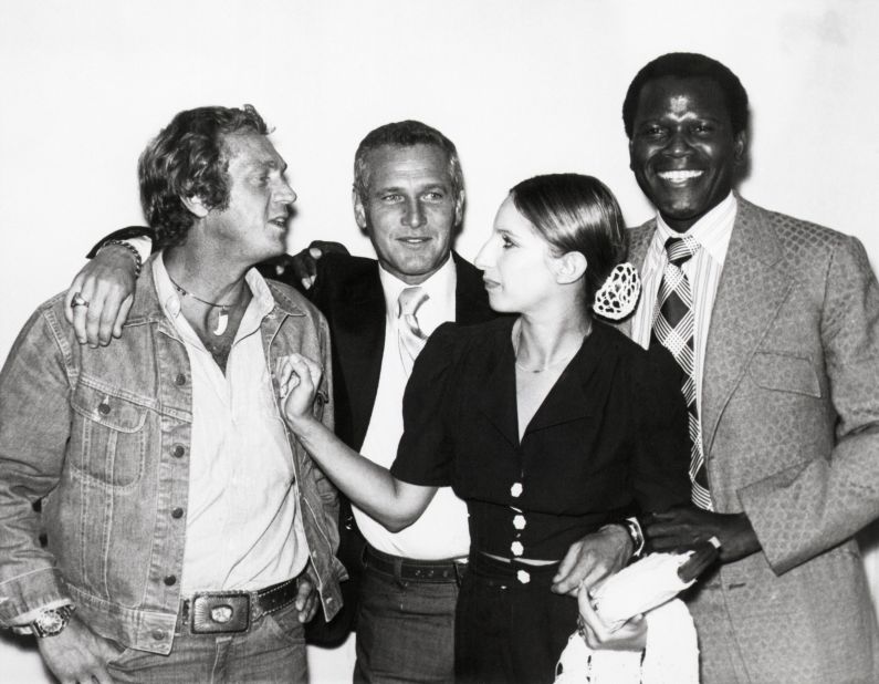 From left, actors Steve McQueen, Paul Newman, Barbra Streisand and Poitier gather at their movie production company First Artists in 1972.