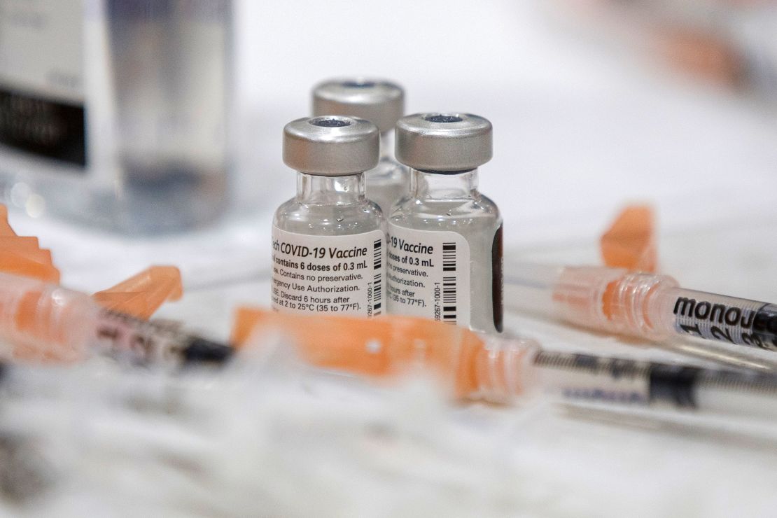 Vials of the Pfizer-BioNTech Covid-19 vaccine during a vaccination event at Manning High School in Manning, South Carolina, on Friday, March 12, 2021.