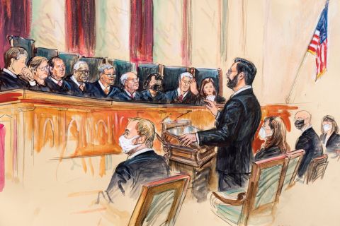 This artist sketch depicts Marc Hearron, petitioner for Whole Woman's Health, standing while speaking to the Supreme Court on November 1, in Washington, DC.