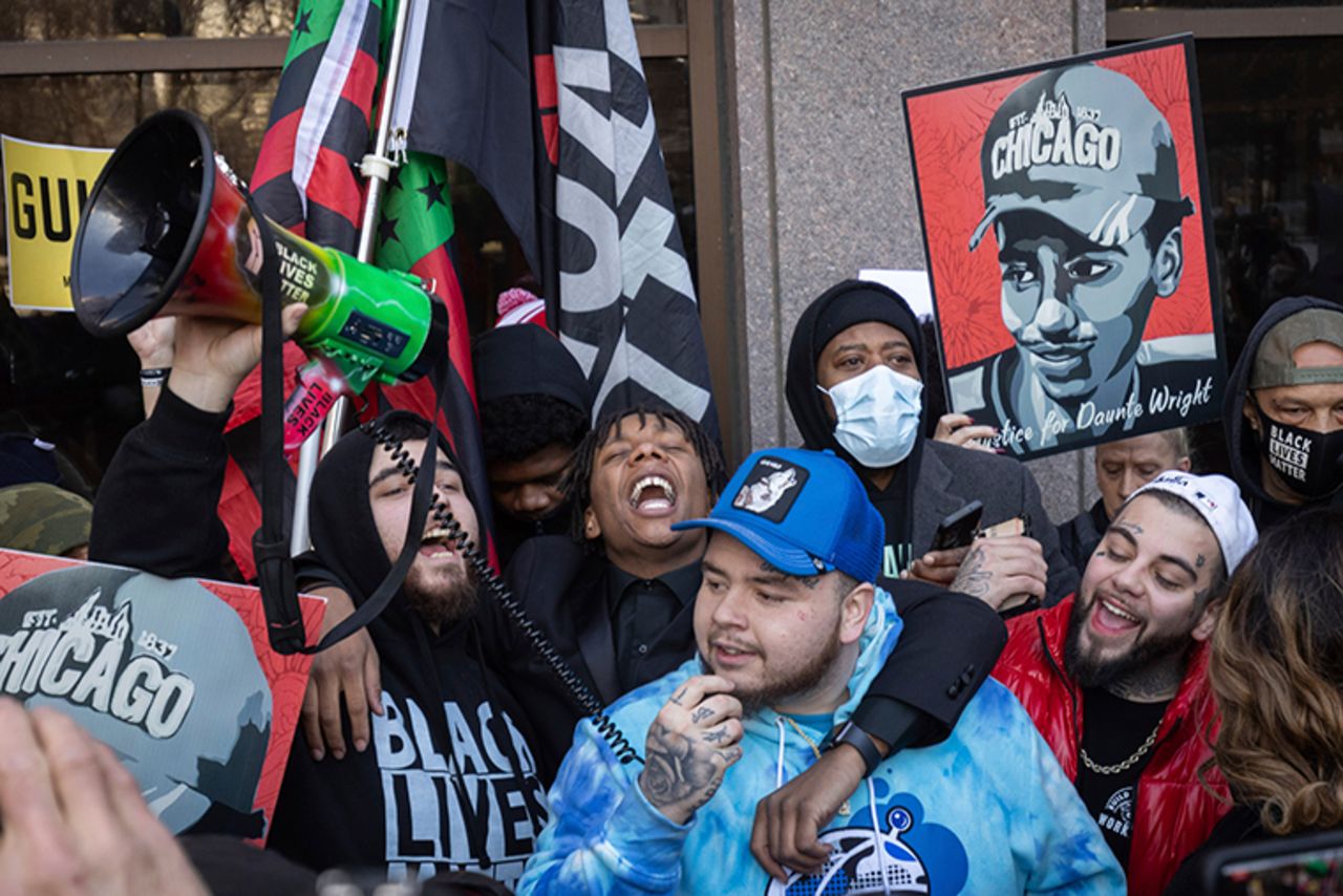 The family of Daunte Wright celebrate a guilty verdict for Kim Potter outside of the Hennepin County Government Center on Thursday, December 23, in Minneapolis.