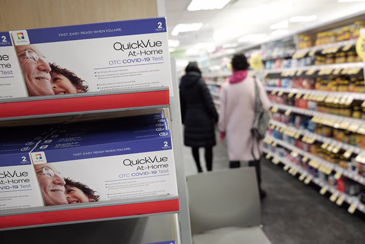 Take-home COVID-19 testing kits are displayed on a Manhattan drugstore shelves on December 22, 2021 in New York City. 