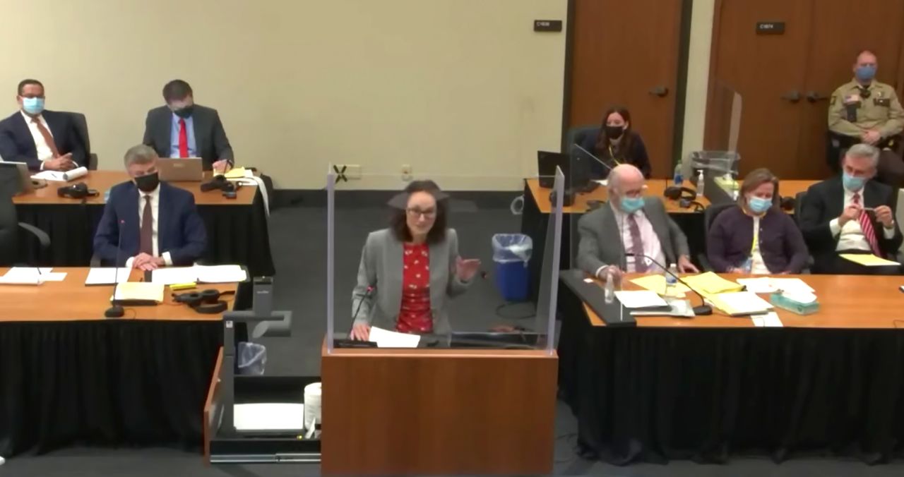 Assistant Attorney General Erin Eldridge, center, delivers closing arguments on December 20, at the Hennepin County Courthouse in Minneapolis. 
