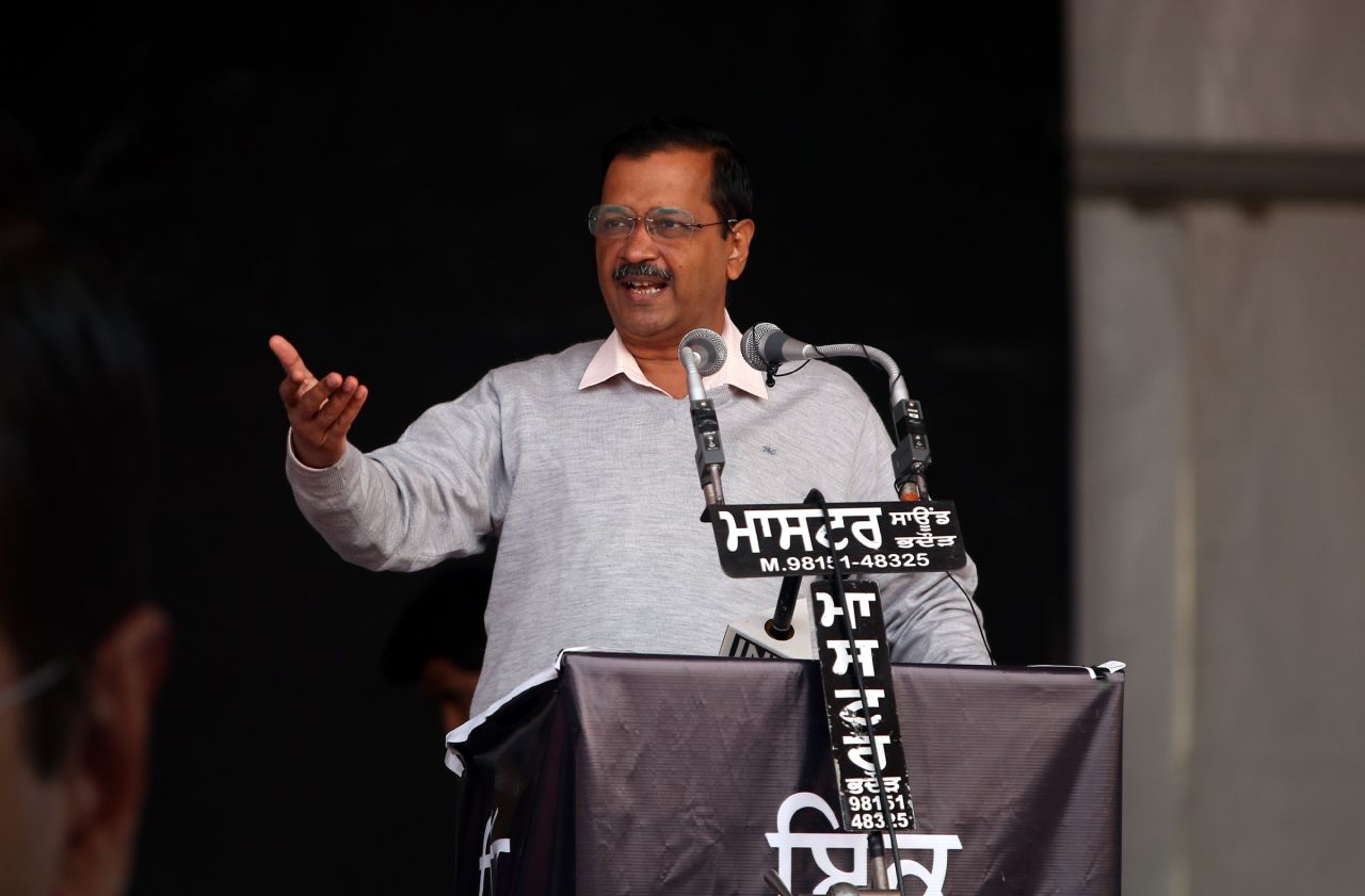 Arvind Kejriwal, National Convener of Aam Aadmi Party and Chief Minister of Delhi, addresses a gathering during a rally at Khudiyan village lambi constituency on December 16, 2021 in Muktsar, India. 