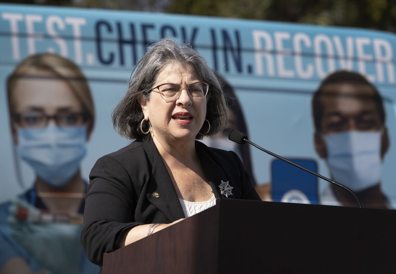 Miami-Dade County Mayor Daniella Levine Cava speaks to the media about the need for South Floridians to be safe during the holidays at a drive-thru COVID-19 vaccination site on December 16, 2021 in Miami, Florida. 