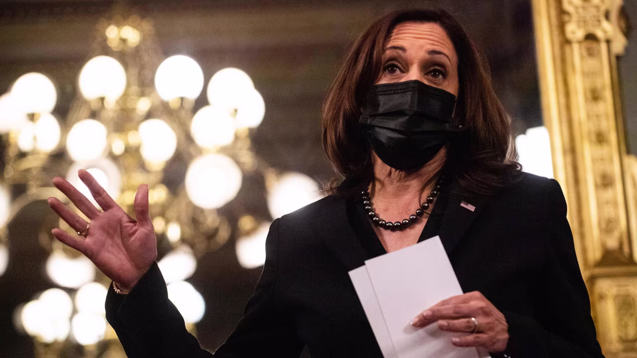 Vice President Kamala Harris speaks in the Ceremonial Office of the Eisenhower Executive Building in Washington, DC, on December 10.