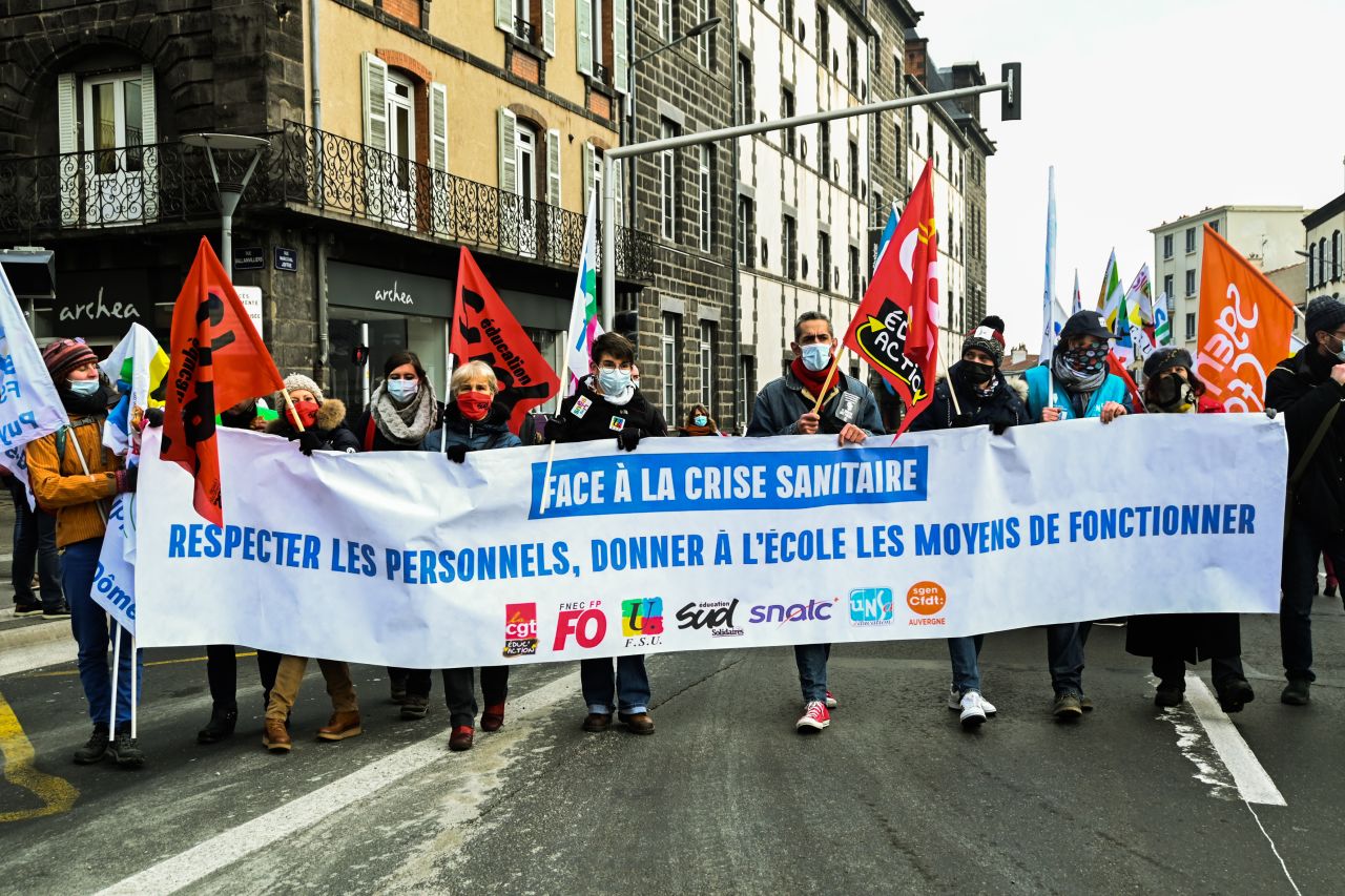 Teachers protest against school protocols in Clermont-Ferrand on Thursday. 