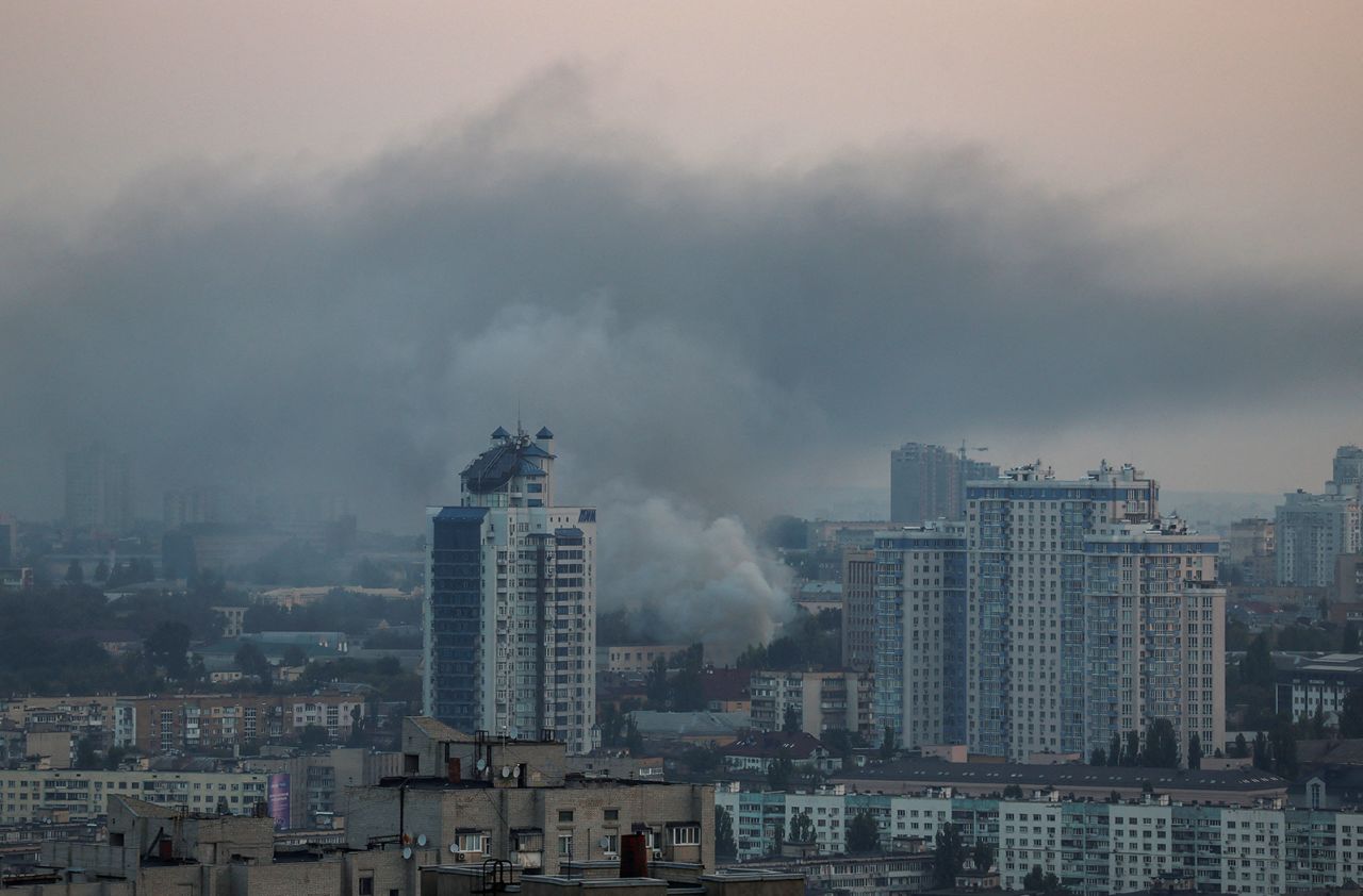 Smoke rises in the sky over the city after a Russian missile strike in Kyiv, Ukraine on August 30.