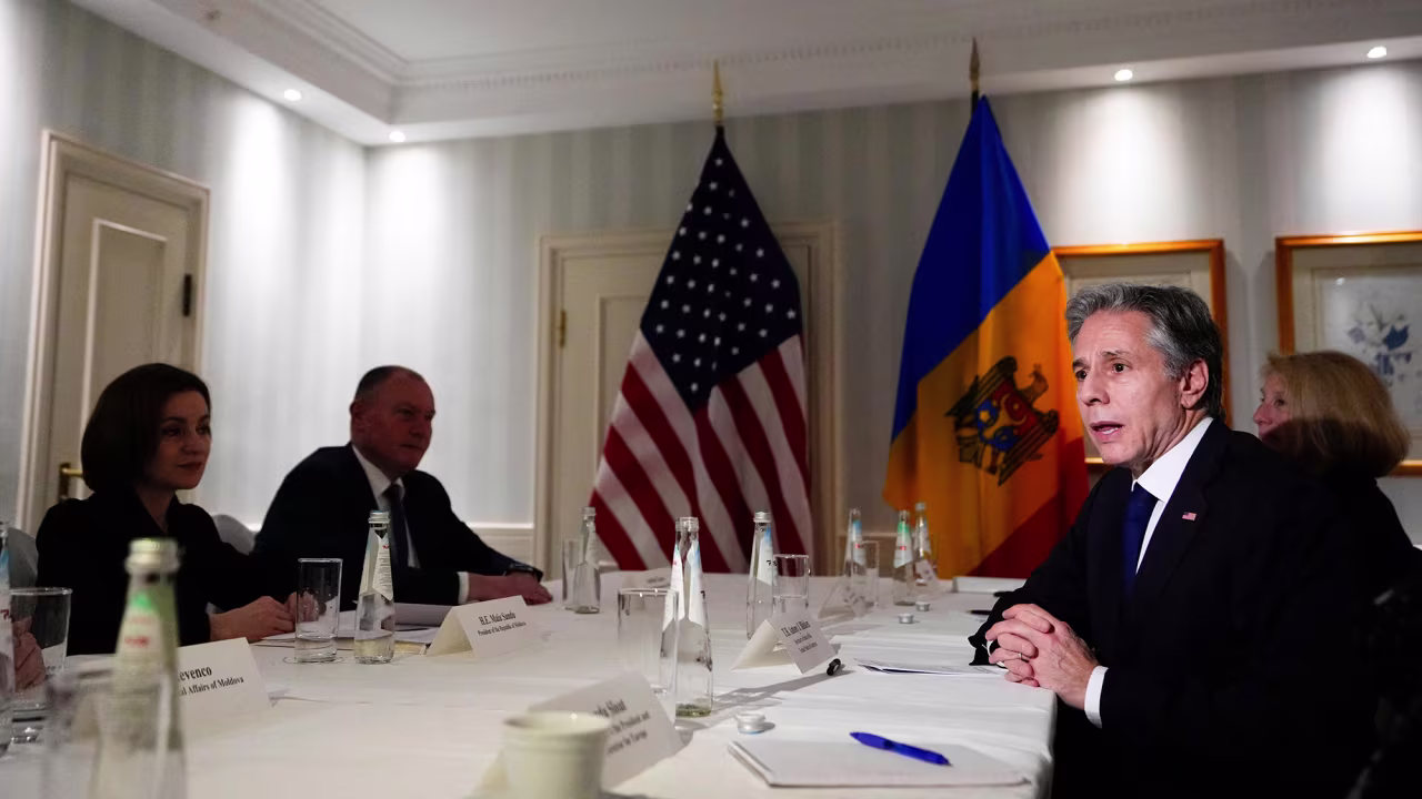 Secretary of State Antony Blinken attends a bilateral meeting with Moldovan President Maia Sandu during the Munich Security Conference on February 17. 