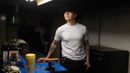 Eric Shonkwiler in his basement in Ohio on June 11, 2025. Shonkwiler started prepping in 2016 after Trump’s election and runs a prepping newsletter.