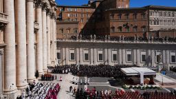 The coffin of Pope Francis is carried into St Peter's Square for his funeral, at the Vatican, Saturday, April 26, 2025. (AP Photo/Evan Vucci)