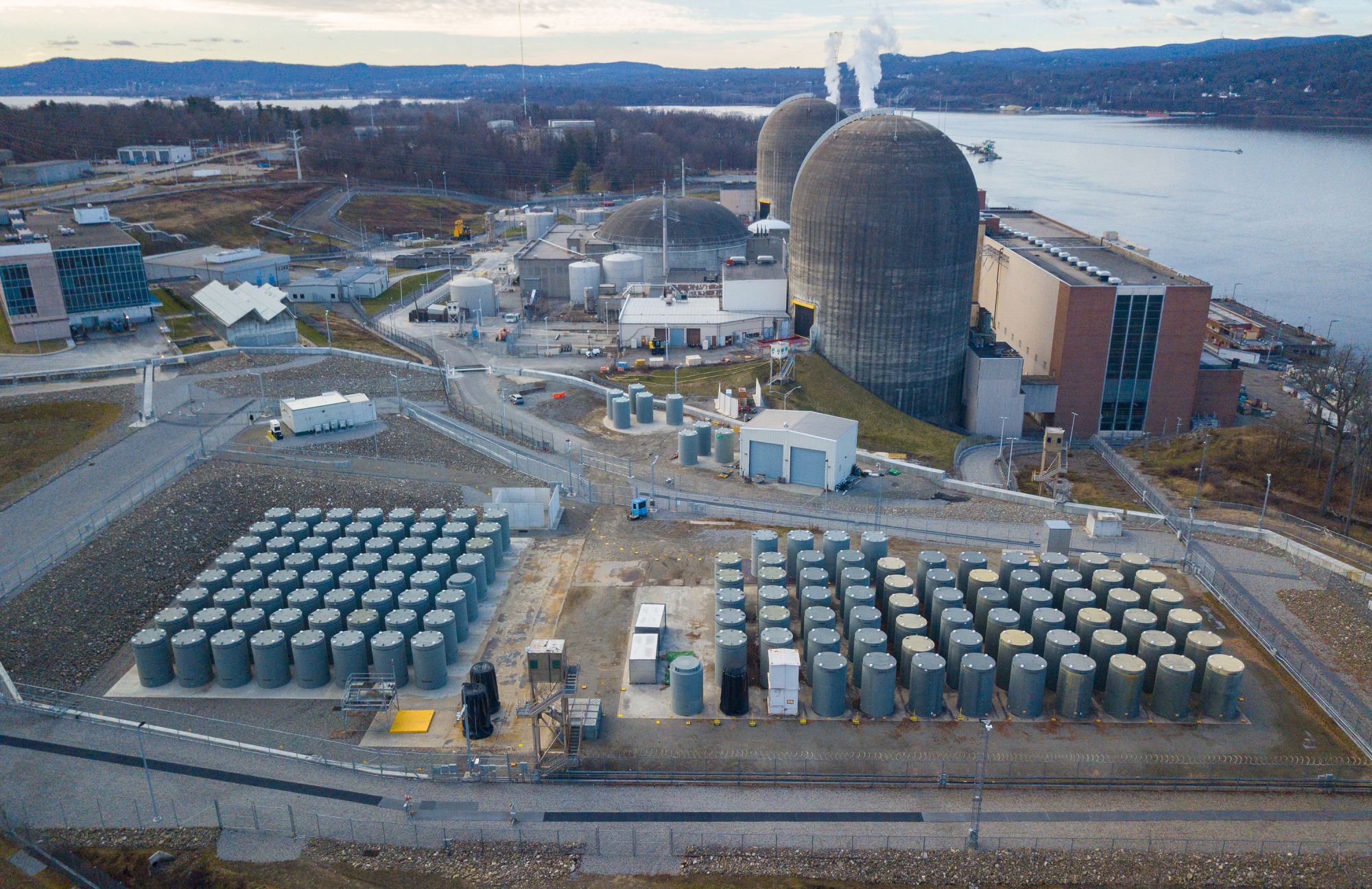 An array of containers storing nuclear waste sit at the decommissioned Indian Point nuclear power plant in Buchanan, New York.