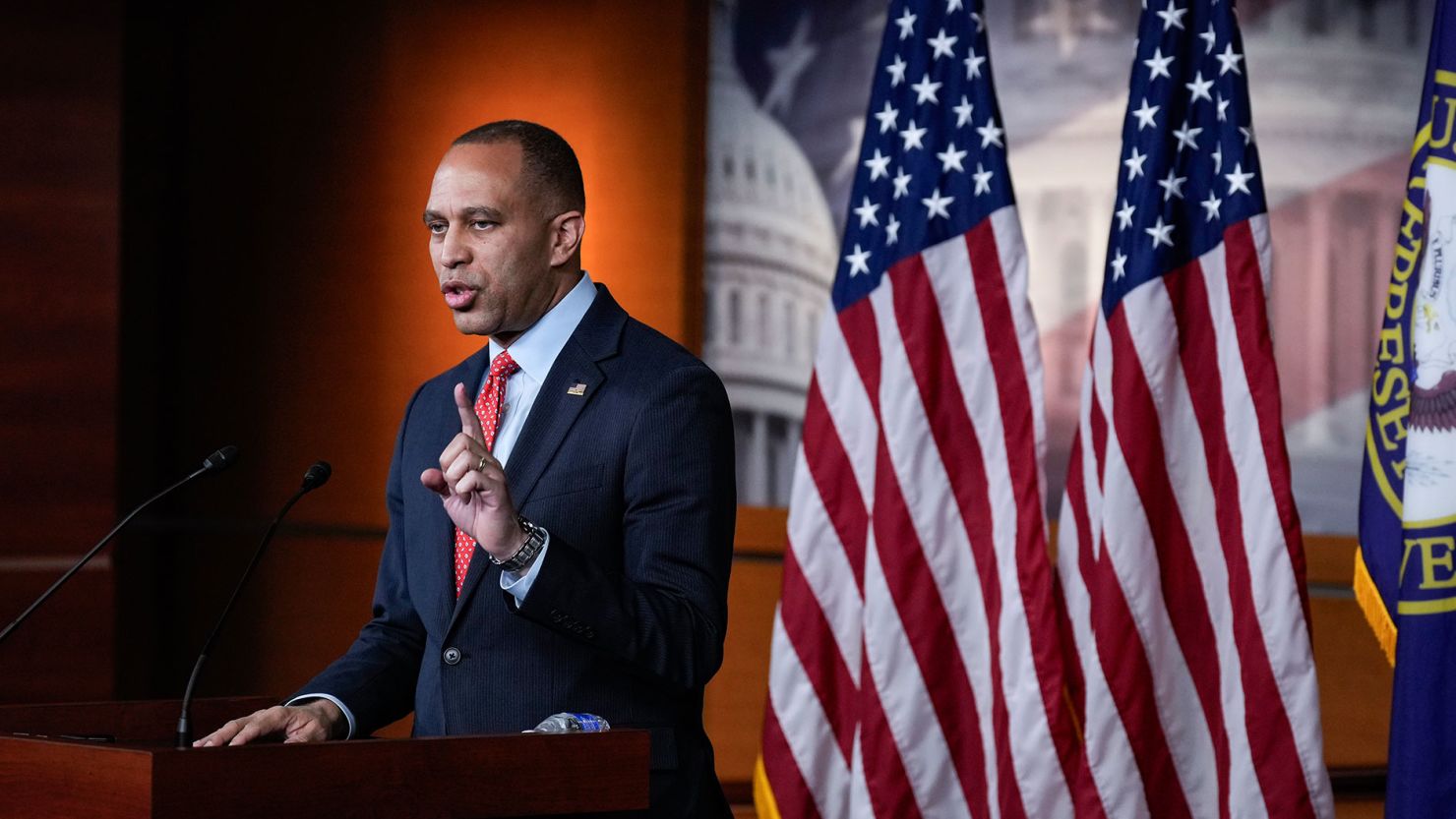 House Minority Leader Hakeem Jeffries speaks during his weekly news conference on Capitol Hill November 15, 2023 in Washington, DC.