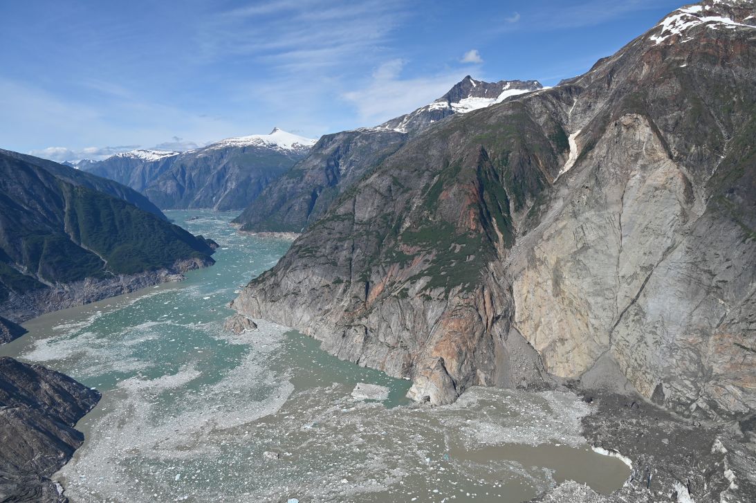 An aerial view of the Tracy Arm landslide and tsunami trimline captured during a US Geological Survey reconnaissance overflight on August 13.