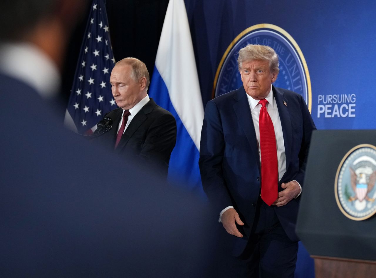 US President Donald Trump and Russian President Vladimir Putin leave at the conclusion of a press conference at Joint Base Elmendorf-Richardson <strong>﻿</strong>5 in Anchorage, Alaska, on Friday.