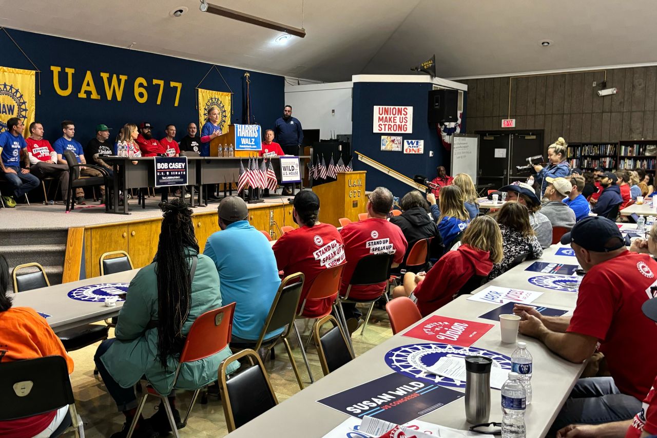 US Rep. Susan Wild of Pennsylvania speaks to UAW Local 677 members on October 20, 2024, in Allentown, Pennsylvania.