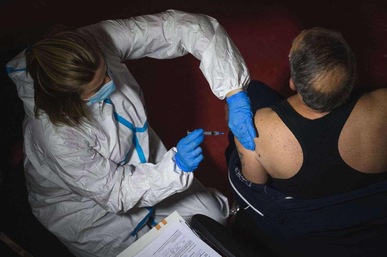 A man receives a dose of the Chinese-made Sinopharm vaccine in Belgrade, Serbia, on February 12. 