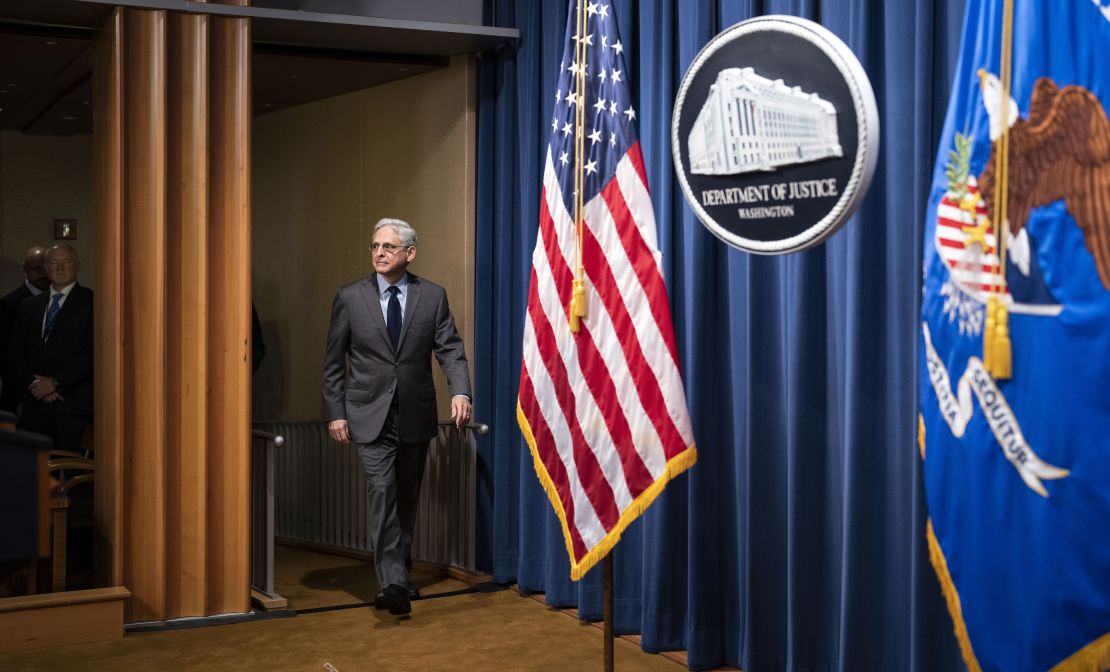 Attorney General Merrick Garland arrives to speak to reporters at the Justice Department in Washington on October 24, 2022. Garland has repeatedly said that no one is 