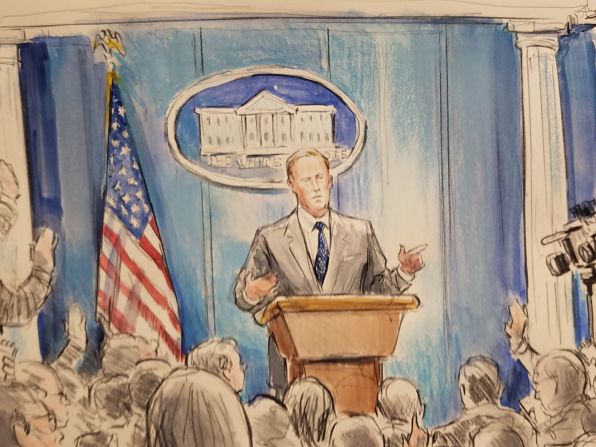 Sean Spicer during a press briefing in June 2017. The White House under the Trump administration started prohibiting cameras at some press briefings, so CNN hired Hennessy to cover the briefing.