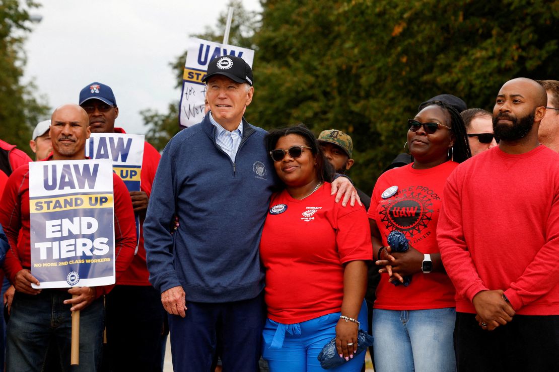 President Joe Biden joins striking members of the United Auto Workers on the picket line outside the GM's Willow Run Distribution Center, in Belleville, Wayne County, Michigan, in September 2023.