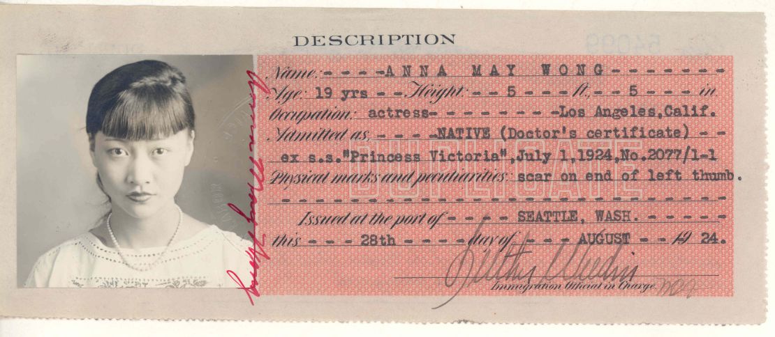 The front of Anna May Wong's Certificate of Identity at age 19. Although Wong was a third-generation American and spoke English as her native language, the US Government viewed all persons with Chinese origins as foreigners. 