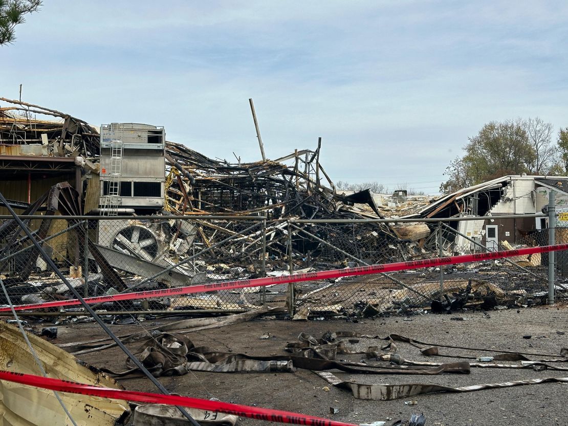 A damaged area cordoned off after an explosion at the Givaudan Color Sense plant in Louisville, Kentucky, on November 13.