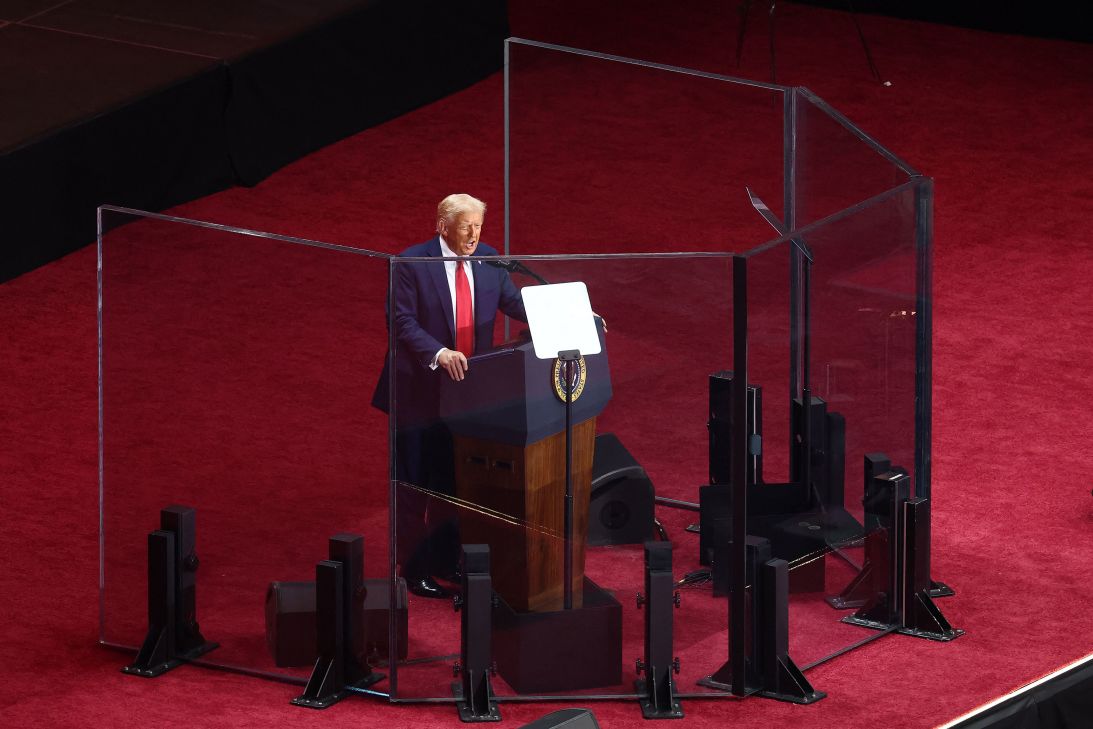 President Donald Trump speaks during the public memorial for Charlie Kirk in Glendale, Arizona, on Sunday.