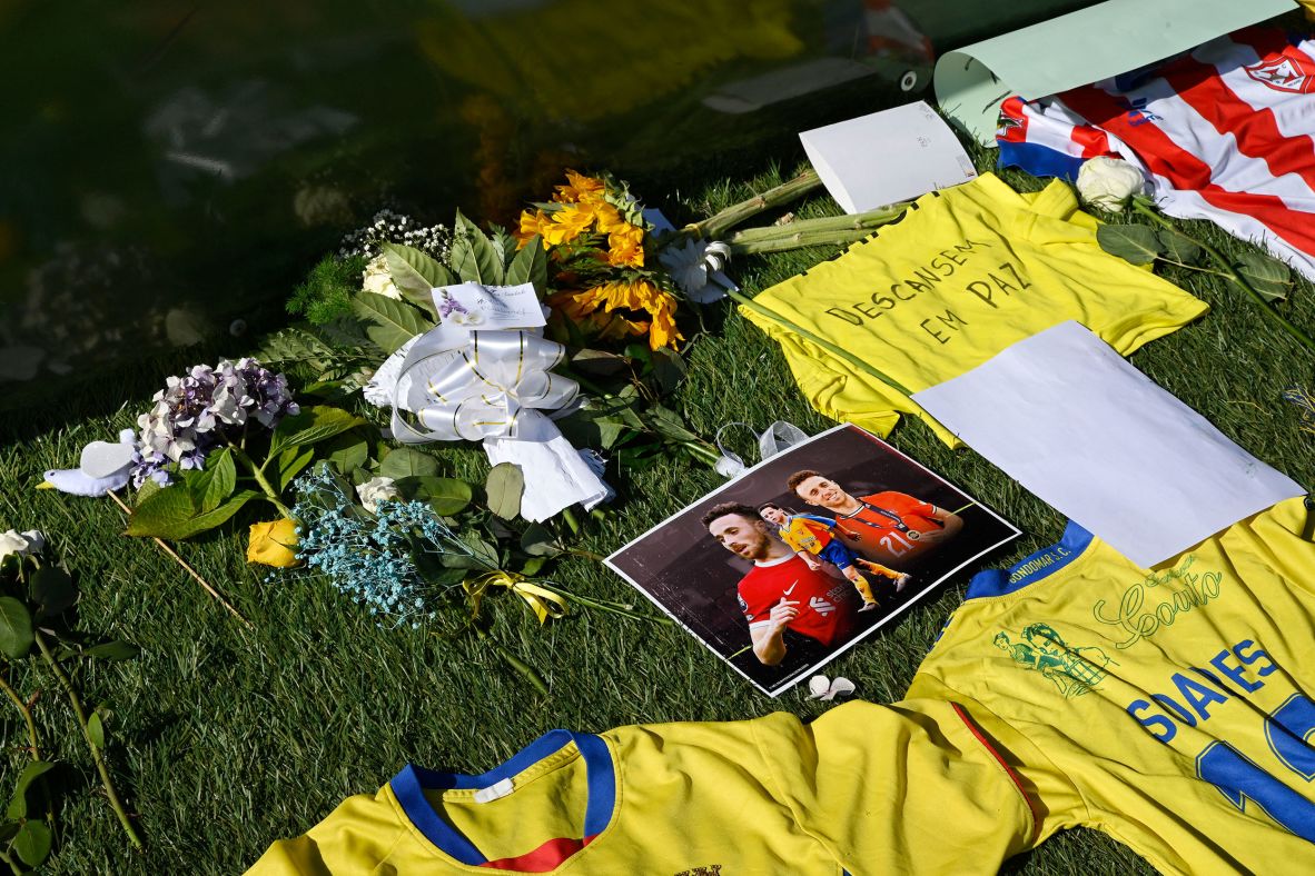 A memorial is seen outside the stadium of the Portuguese club Gondomar, where Jota and Andre Silva began their youth careers.