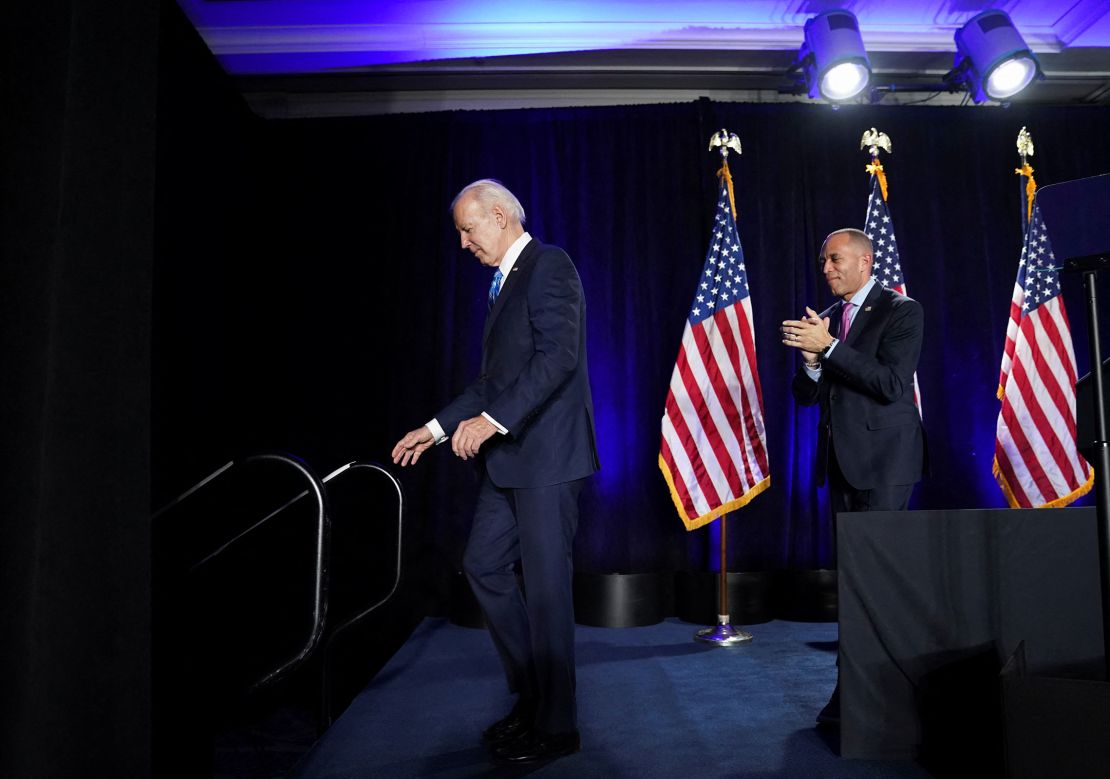 President Joe Biden and House Minority Leader Hakeem Jeffries attend the House Democratic Caucus Issues Conference in Baltimore, Maryland, on March 1, 2023. 