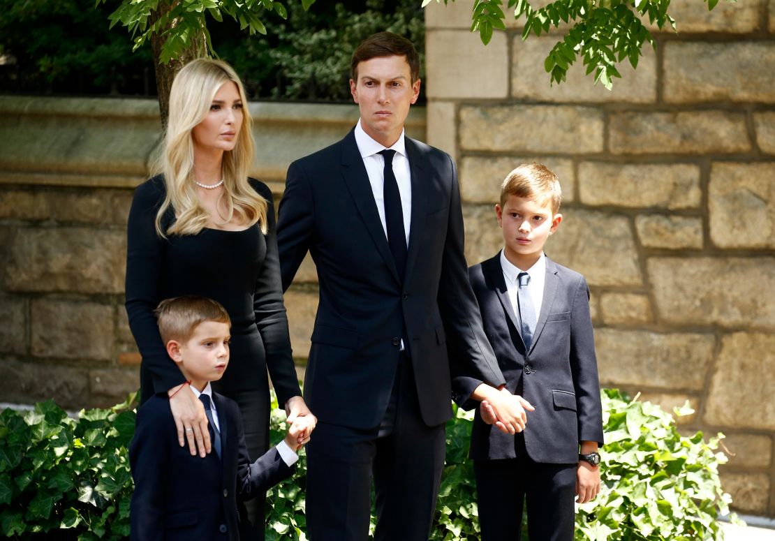 Ivanka Trump, Theo Kushner, Jared Kushner and Joseph Kushner attend the funeral of Ivana Trump at St. Vincent Ferrer Roman Catholic Church on July 20, 2022 in New York City.